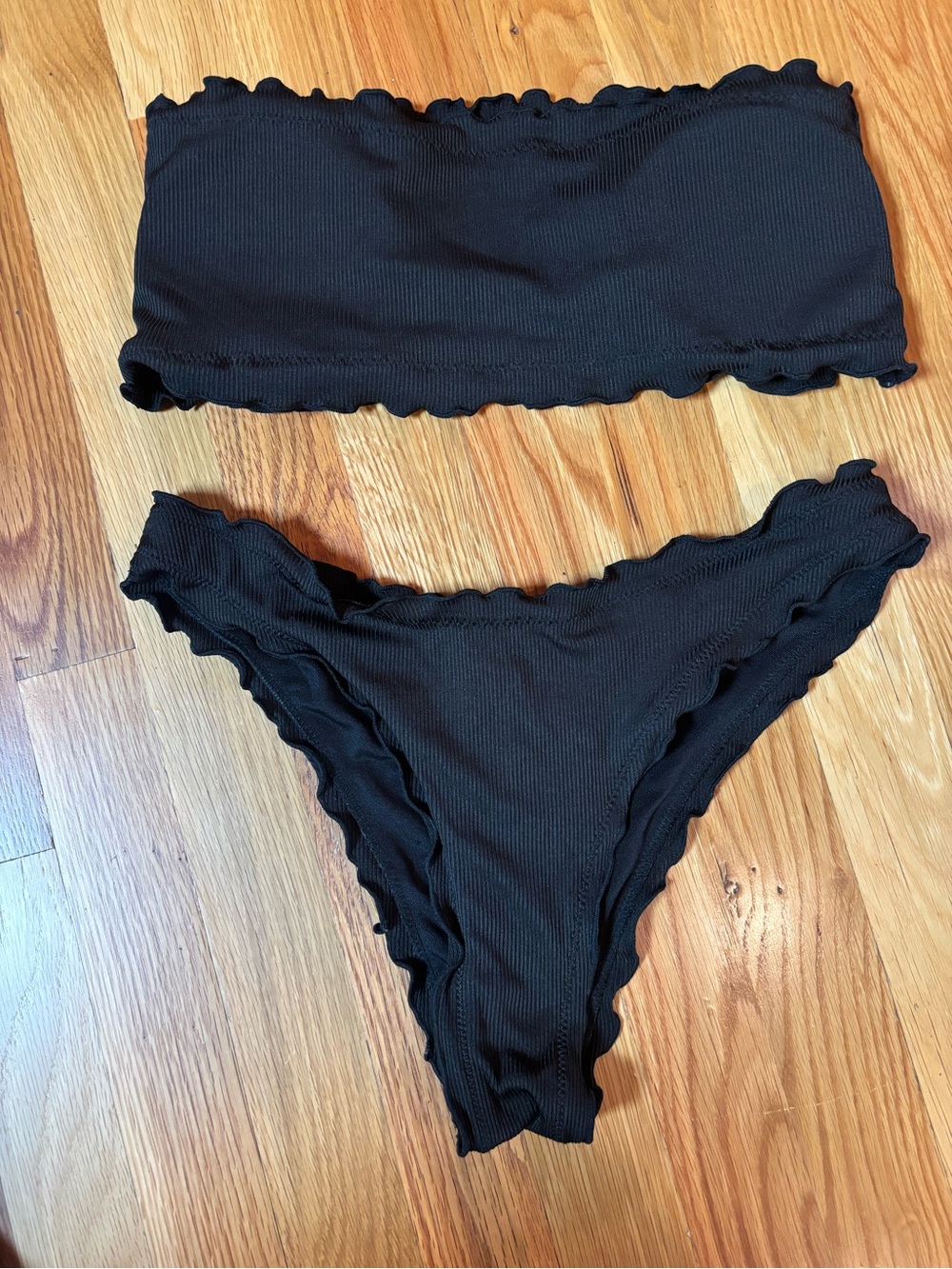 Zaful Black Ribbed Bandeau Bikini Set - Women